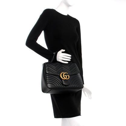 Gucci Calfskin Matelasse Medium GG Marmont Top Handle Shoulder Bag Black 3 of 10