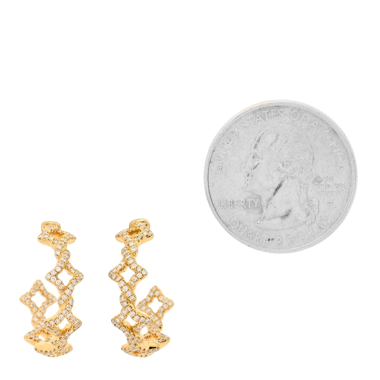18K Yellow Gold Pave Diamond Small Venetian Quatrefoil Hoop Earrings