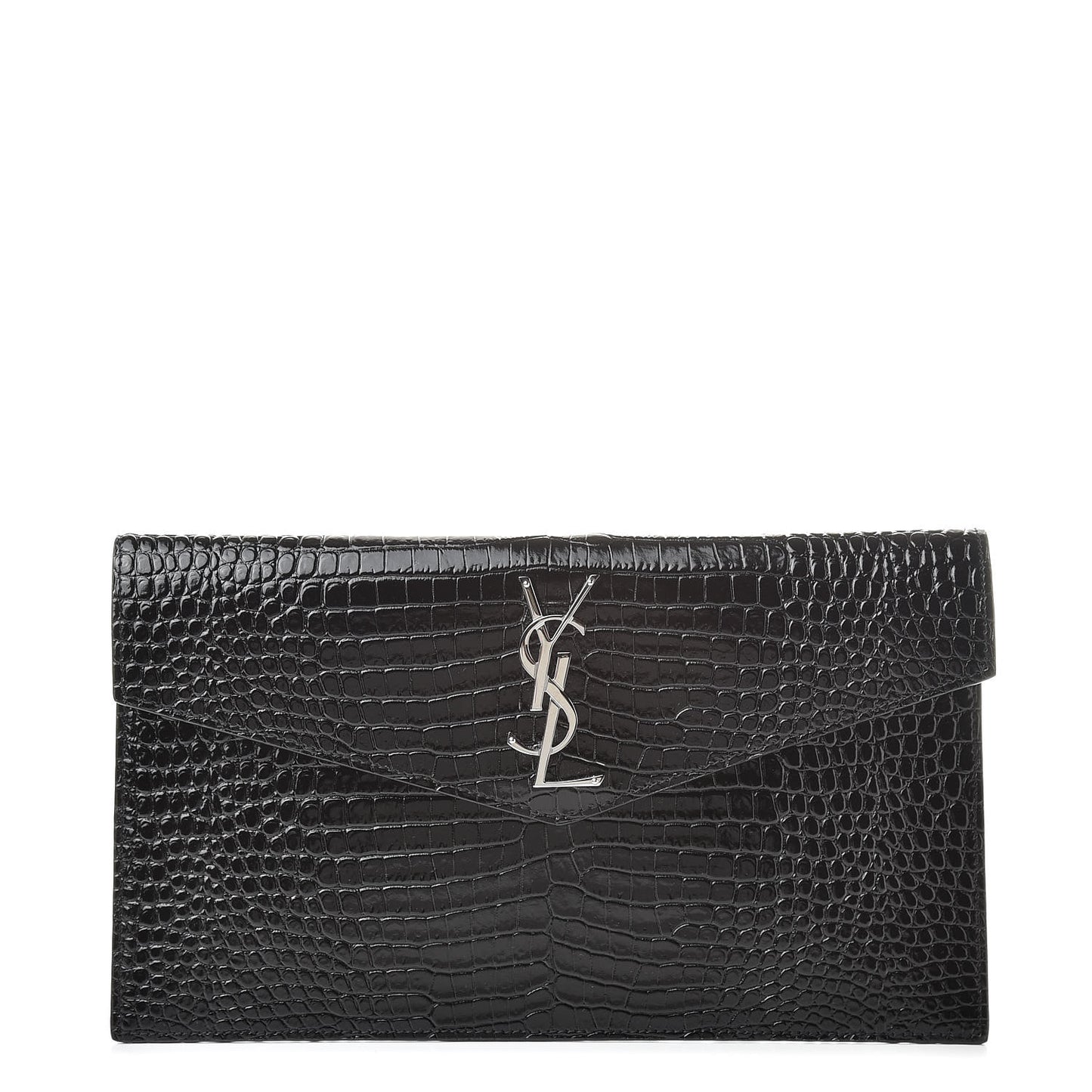Calfskin Crocodile Embossed Uptown Monogram Clutch Black