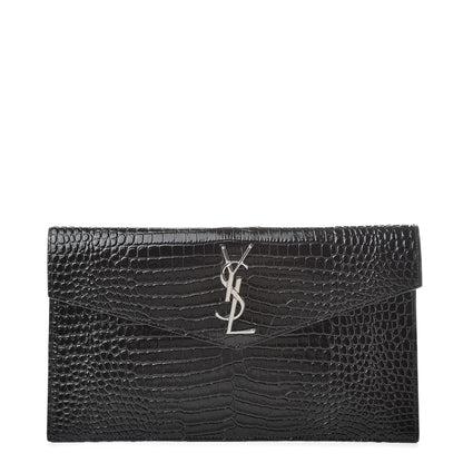 Saint Laurent Calfskin Crocodile Embossed Uptown Monogram Clutch Black 1 of 8