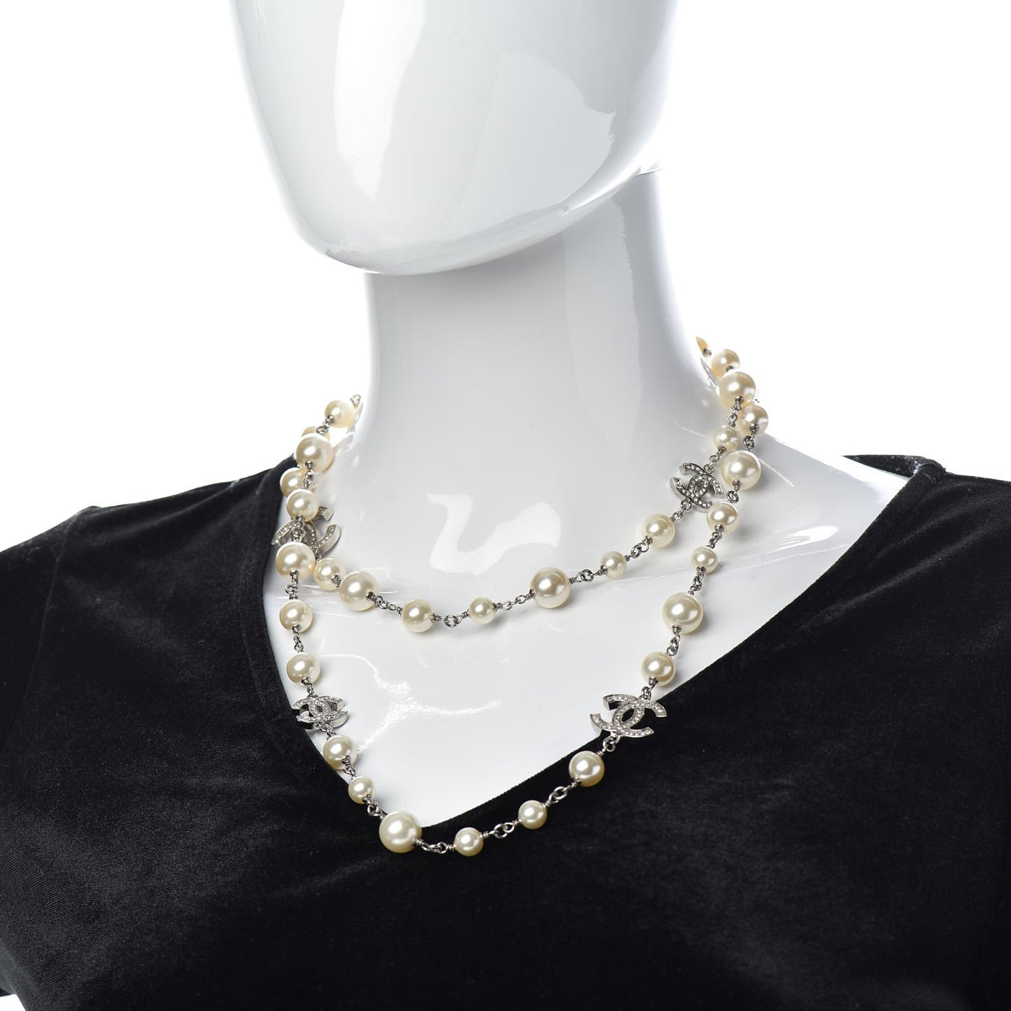 Crystal Pearl CC Long Necklace Silver
