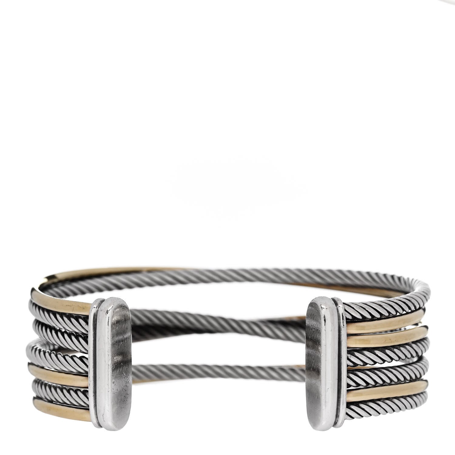 David Yurman Sterling Silver 18K Yellow Gold 21mm Four Row Crossover Cuff Bracelet 2 of 3