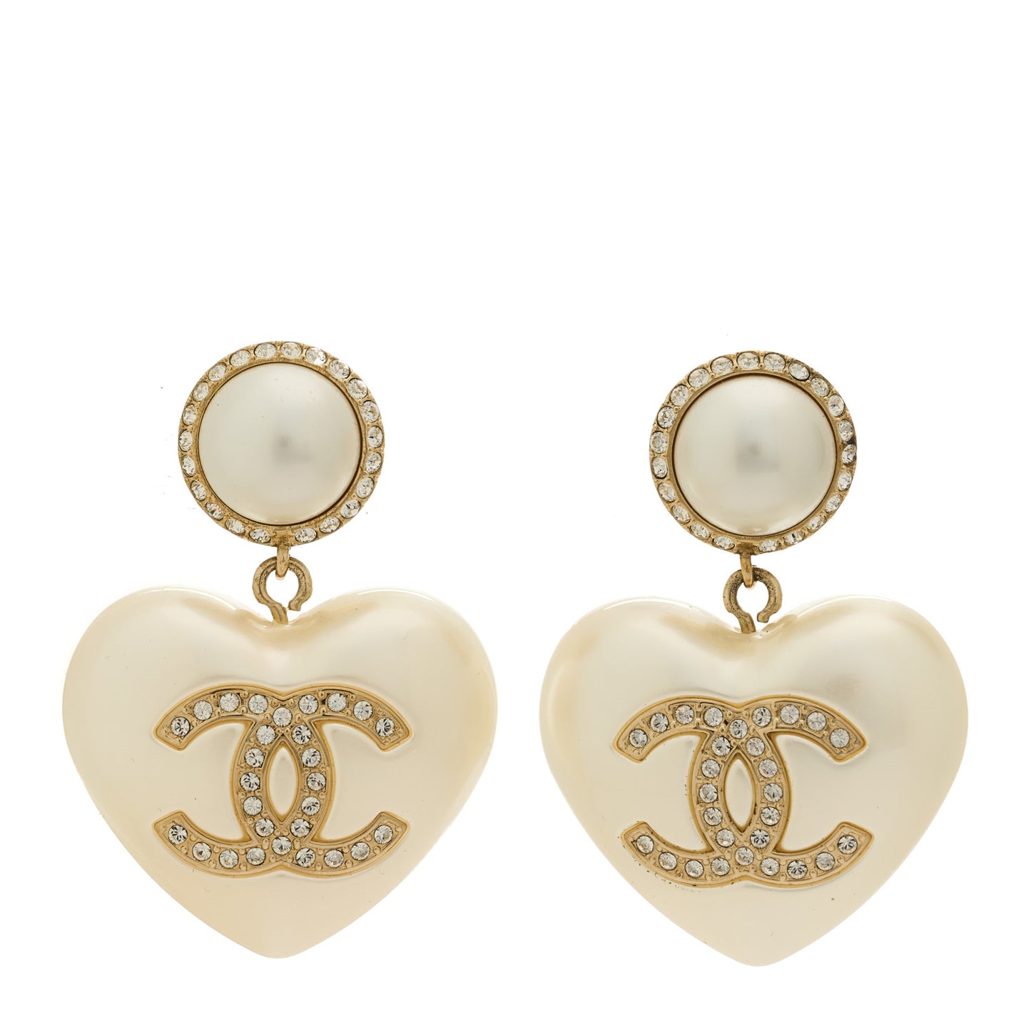 Pearl Crystal CC Heart Drop Earrings Gold