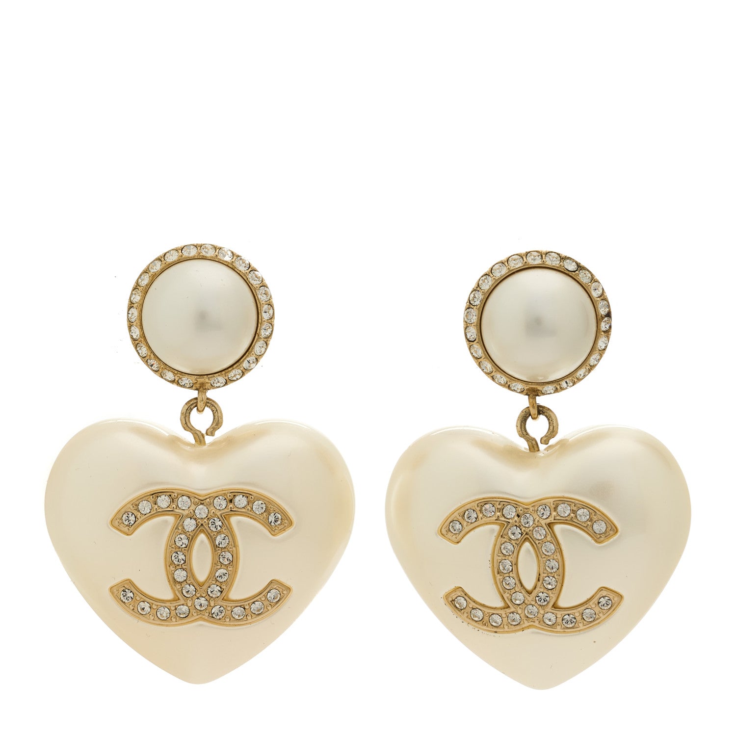 Chanel Pearl Crystal CC Heart Drop Earrings Gold 1 of 4