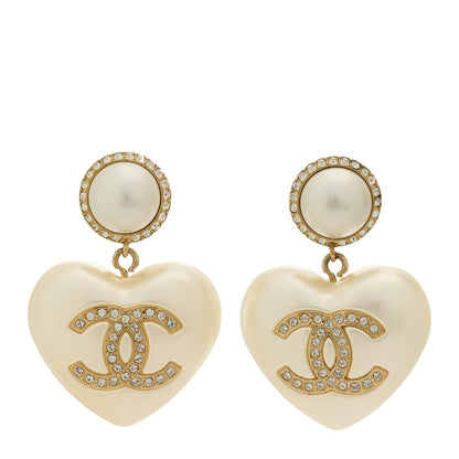 Chanel Pearl Crystal CC Heart Drop Earrings Gold 1 of 4