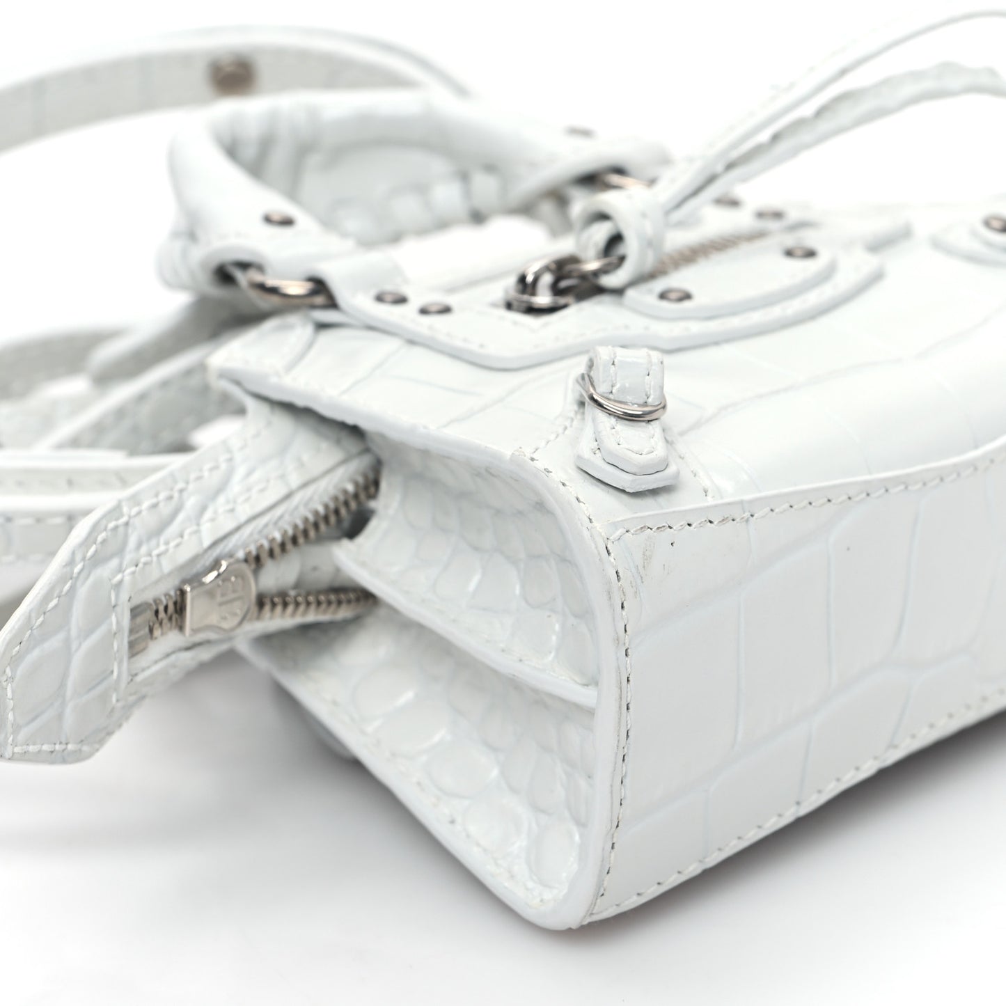 Extra Supple Calfskin Crocodile Embossed Neo Classic Silver Hardware Super Nano City Crossbody White