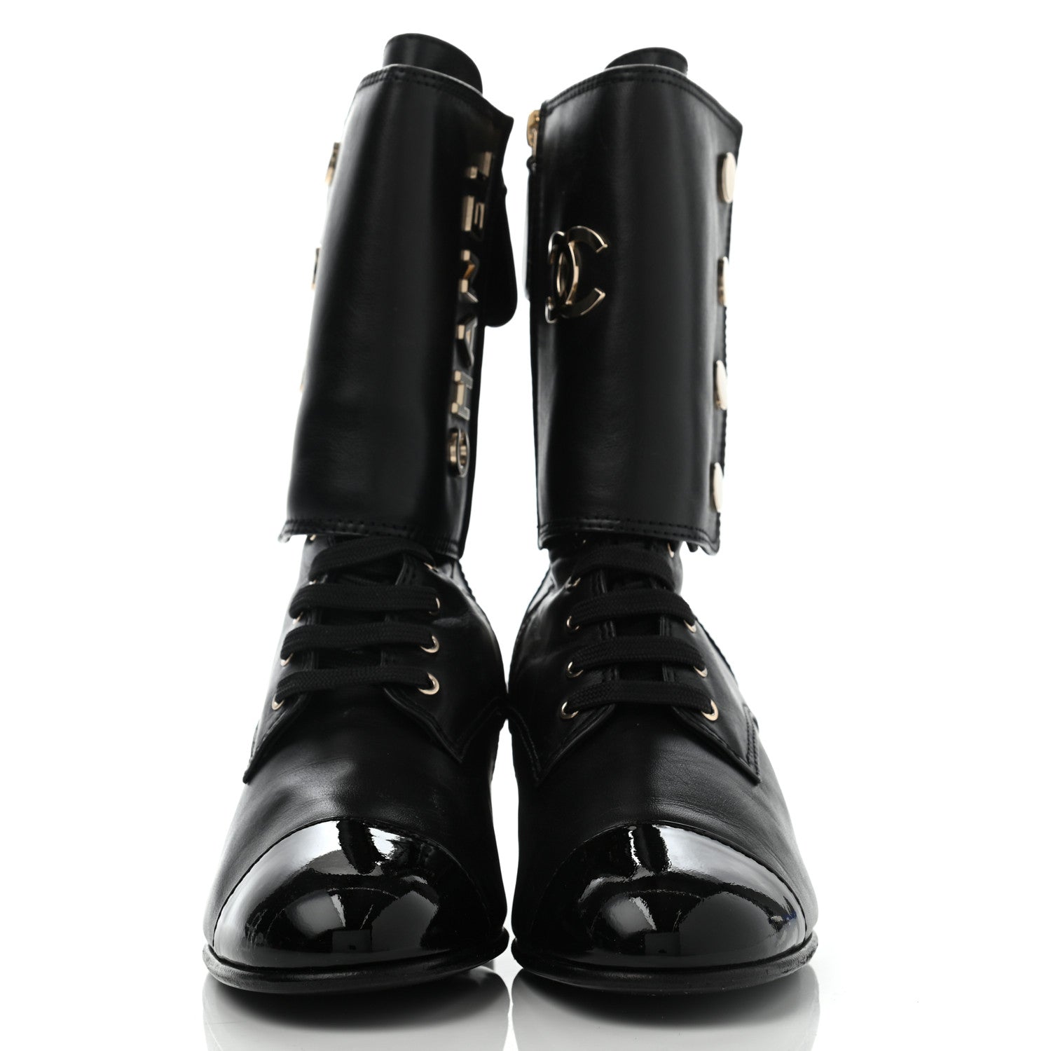 Chanel Calfskin Patent Cap Toe CC Lace Up Boots 40 Black 2 of 16