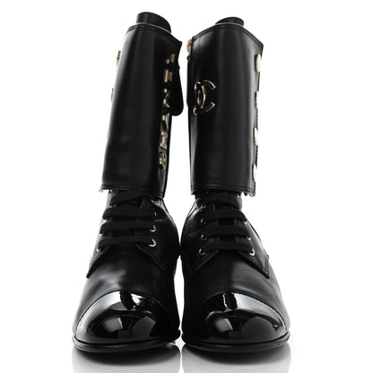 Chanel Calfskin Patent Cap Toe CC Lace Up Boots 40 Black 2 of 16