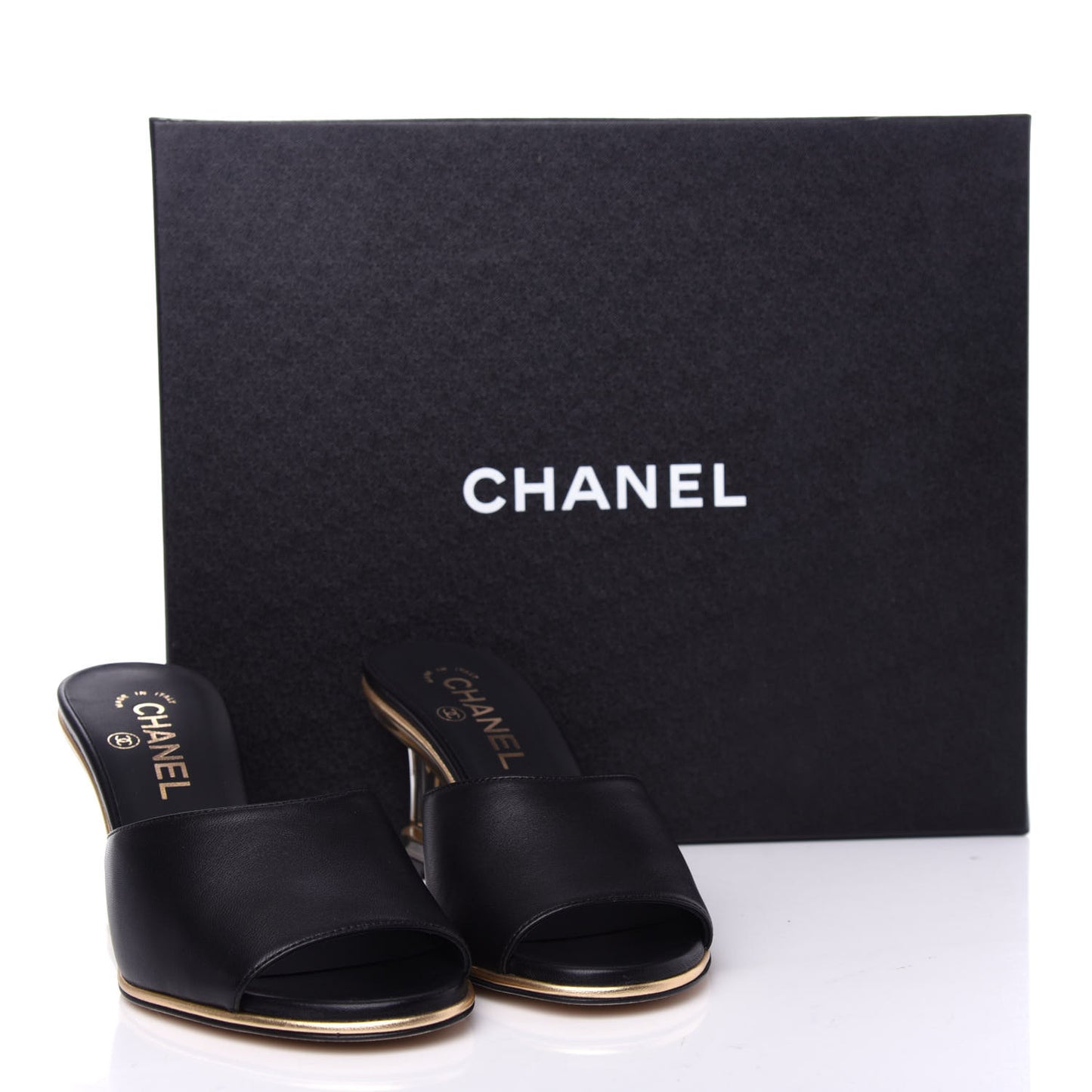 Lambskin Lucite CC Wedge Mules 36.5 Black