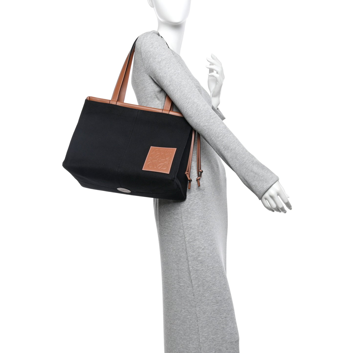 Canvas Calfskin Cushion Tote Black Tan