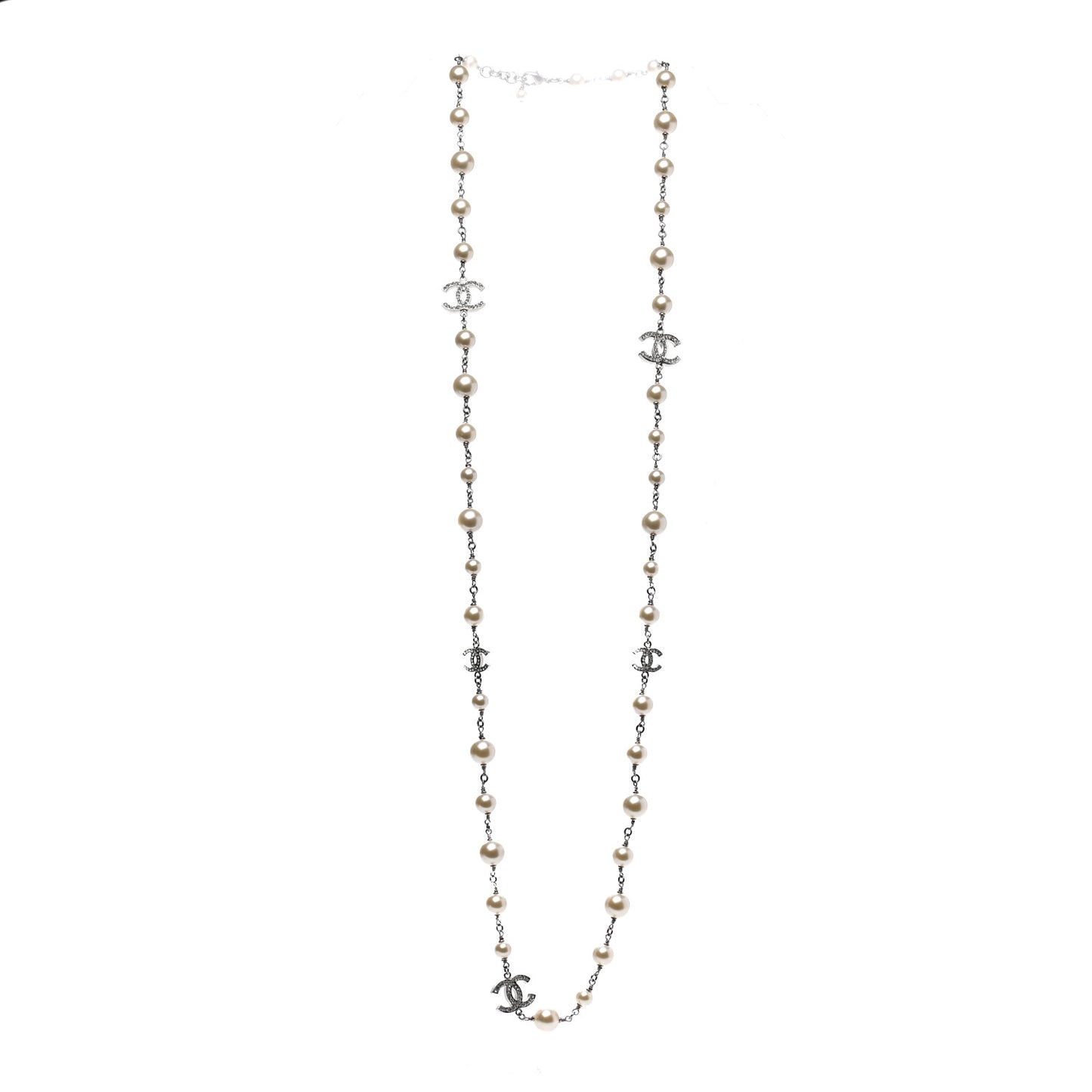Graduated Pearl Crystal CC Long Necklace Silver