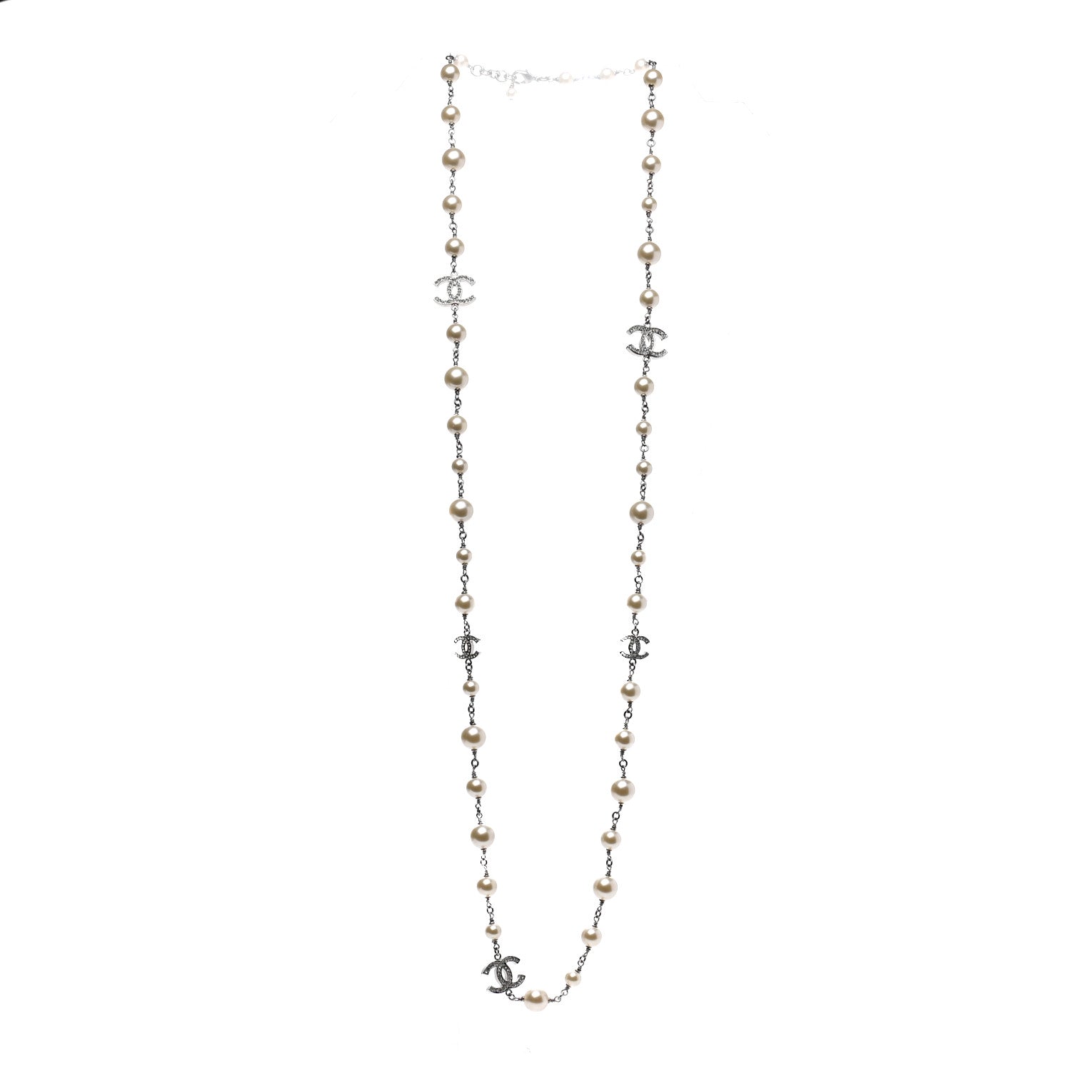 Chanel Graduated Pearl Crystal CC Long Necklace Silver 3 of 9