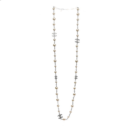 Chanel Graduated Pearl Crystal CC Long Necklace Silver 3 of 9