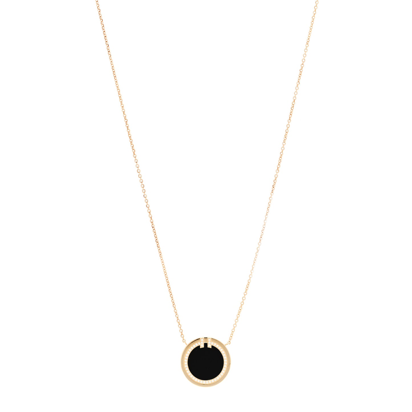 18K Yellow Gold Diamond Black Onyx 16mm T Circle Pendant Necklace