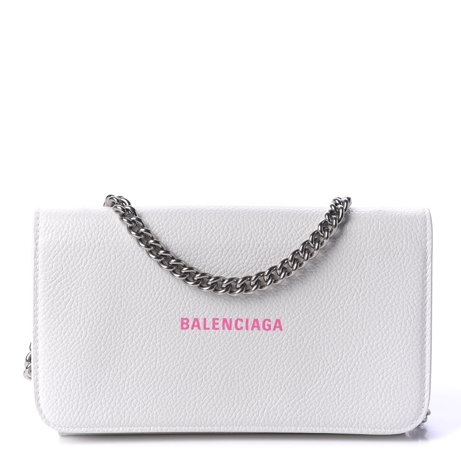 Balenciaga Grained Calfskin Logo Cash Phone Holder Wallet On Chain White Fluo Pink 1 of 12