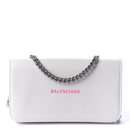 Balenciaga Grained Calfskin Logo Cash Phone Holder Wallet On Chain White Fluo Pink 1 of 12