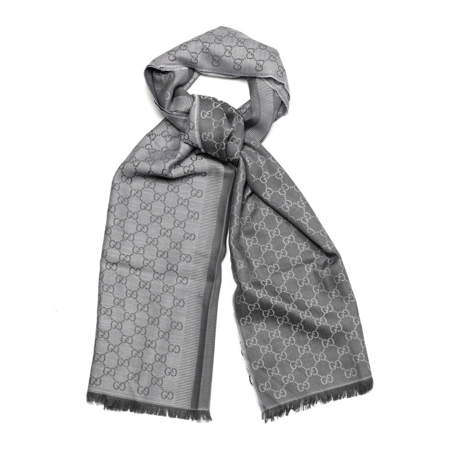 Wool Silk GG Monogram GGWeblong Fringe Scarf Shawl Pearl Medium Grey