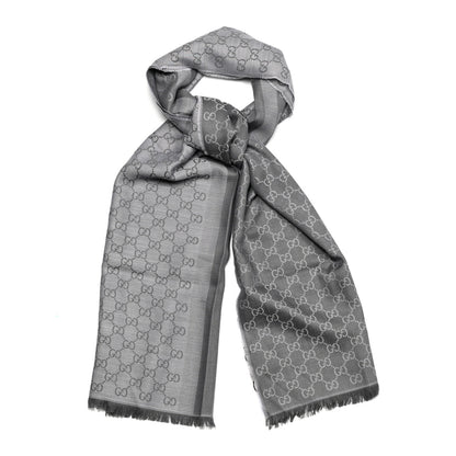 Gucci Wool Silk GG Monogram GGWeblong Fringe Scarf Shawl Pearl Medium Grey 1 of 5