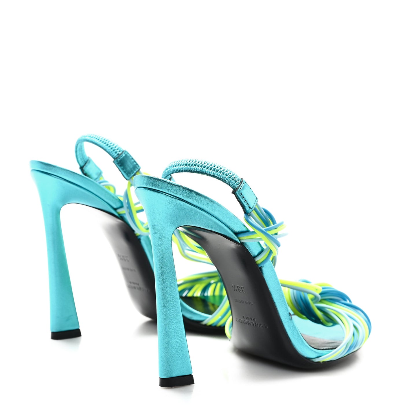 Metallic Calfskin Gippy 105 Sandals 38.5 Cerulean Giallo Fluo