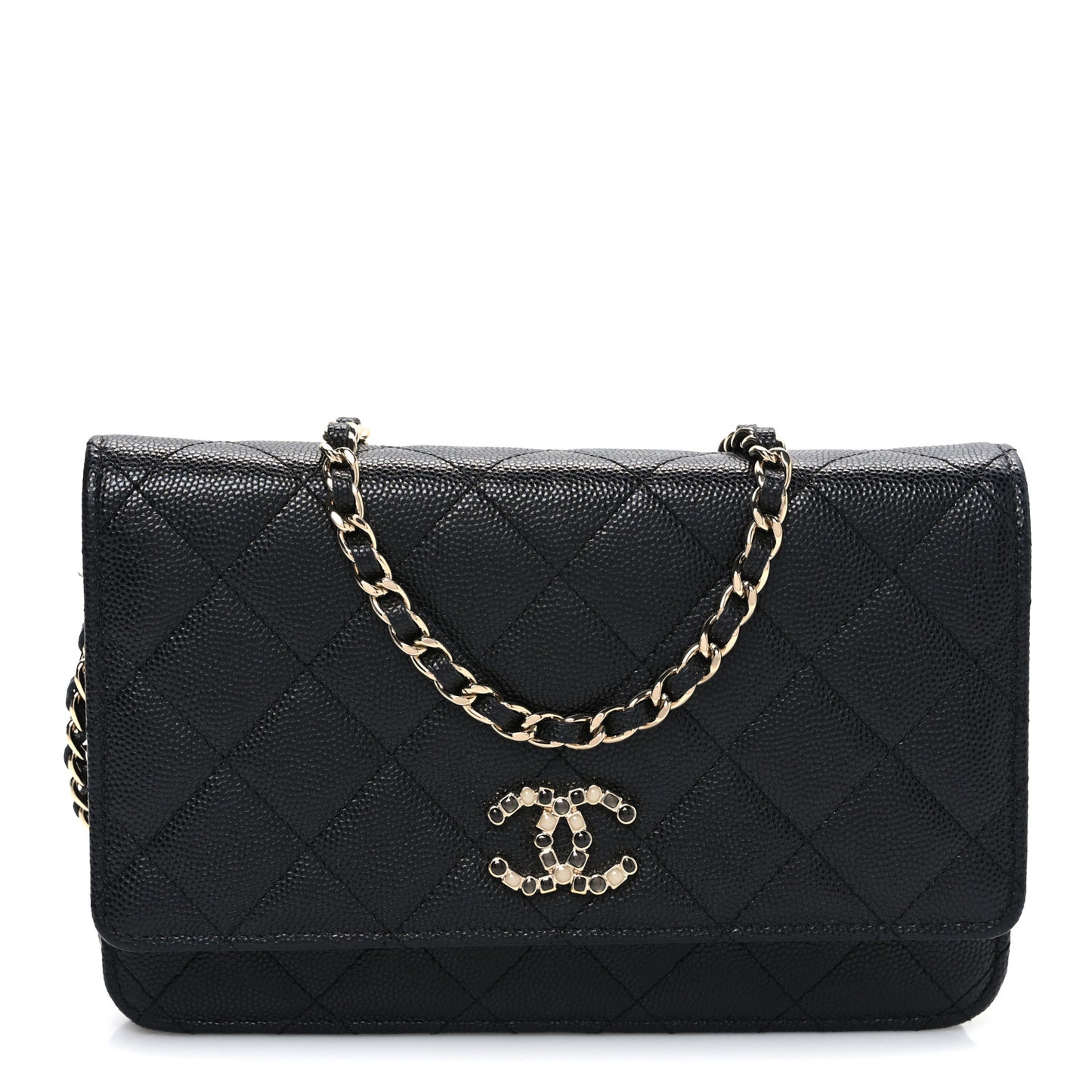 Shiny Caviar Enamel Quilted CC Wallet On Chain WOC Black