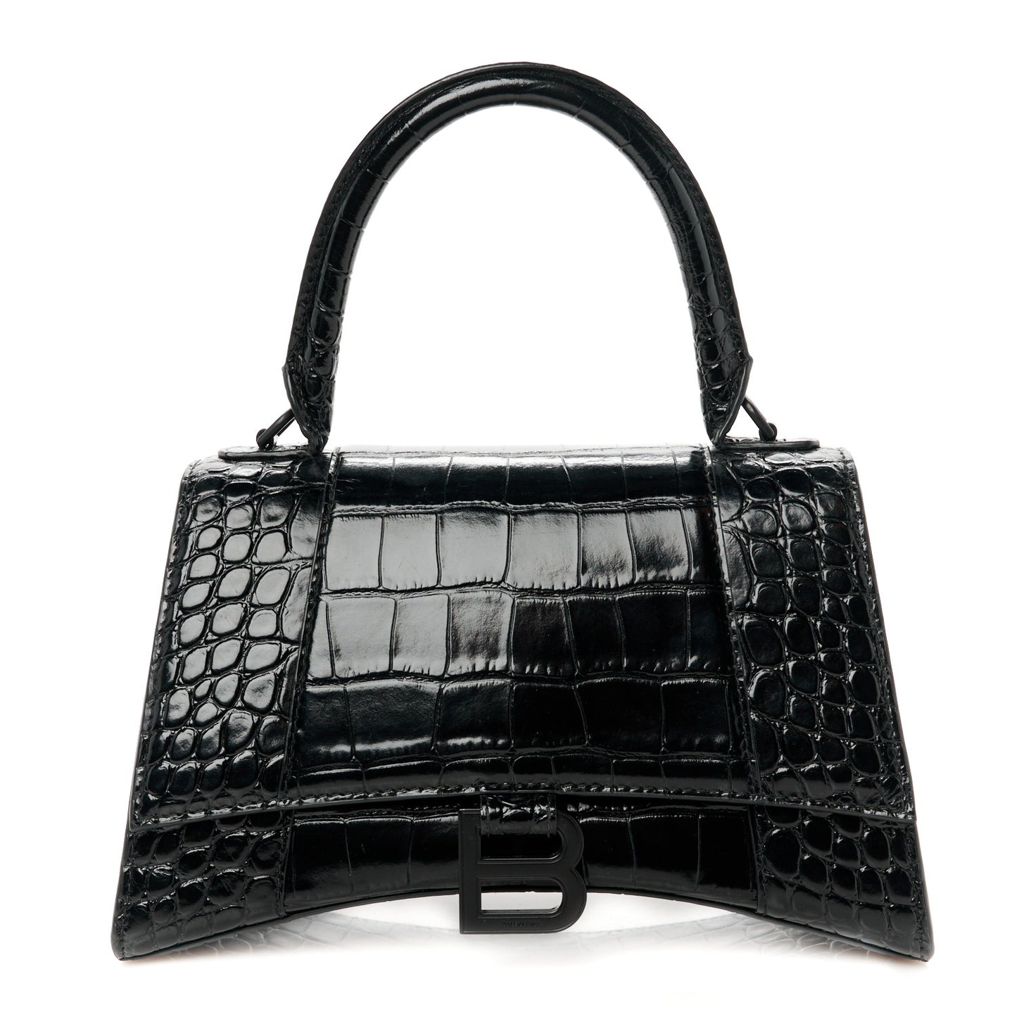 Shiny Calfskin Monochrome Crocodile Embossed Small Hourglass Top Handle Bag Black