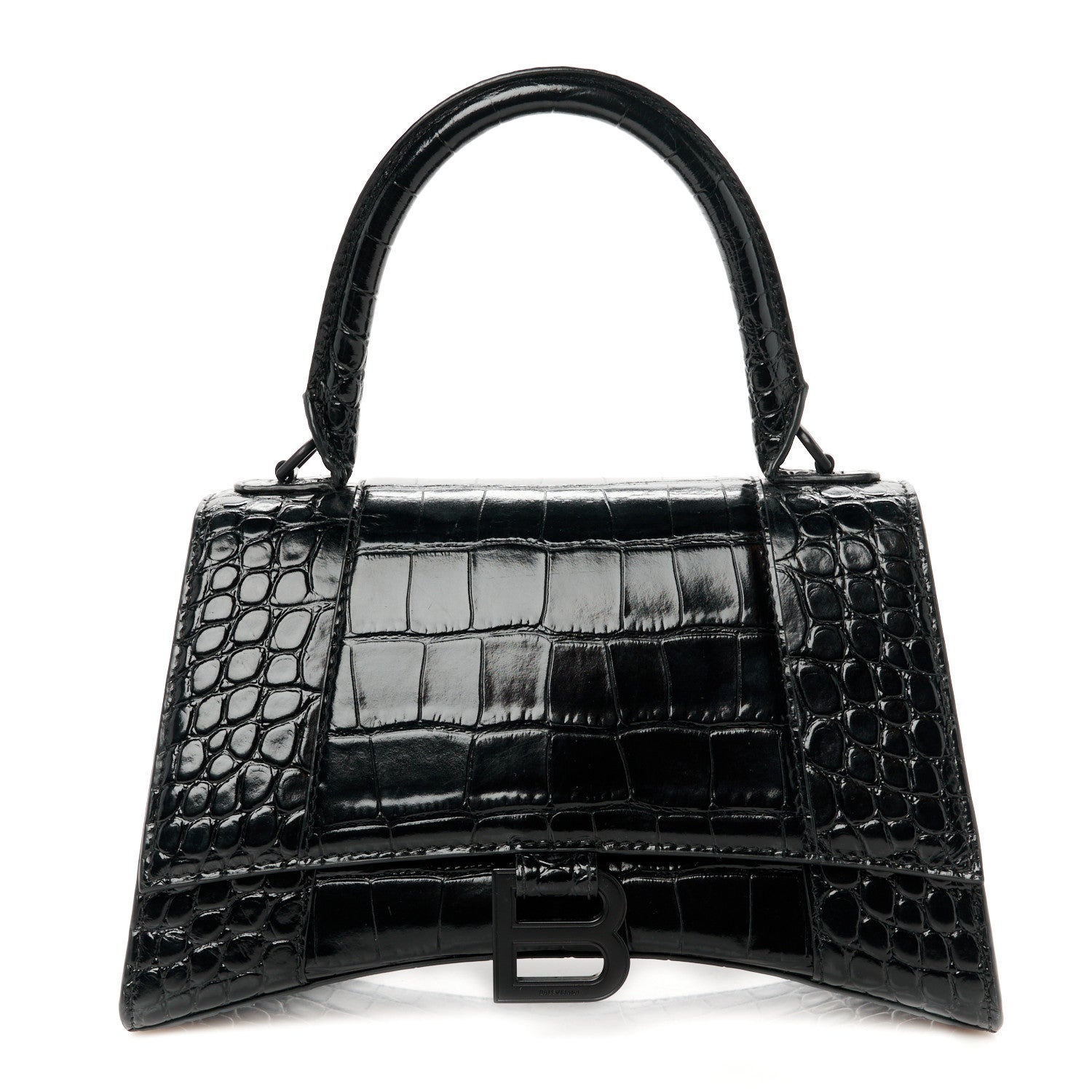 Balenciaga Shiny Calfskin Monochrome Crocodile Embossed Small Hourglass Top Handle Bag Black 1 of 11