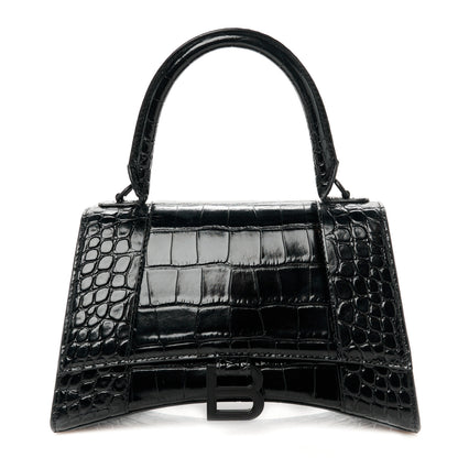 Balenciaga Shiny Calfskin Monochrome Crocodile Embossed Small Hourglass Top Handle Bag Black 1 of 11