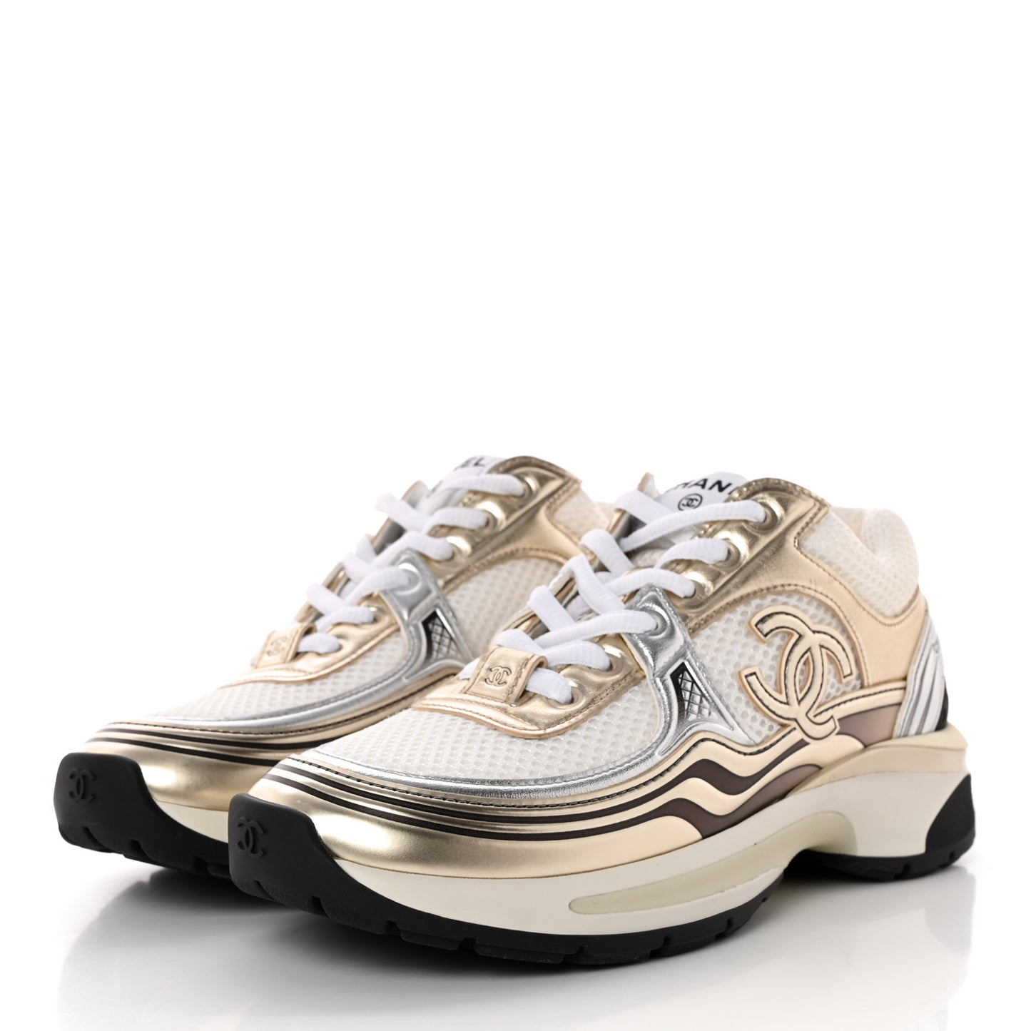 Fabric Laminated Calfskin Stretch CC Sneakers 36 White Gold Silver