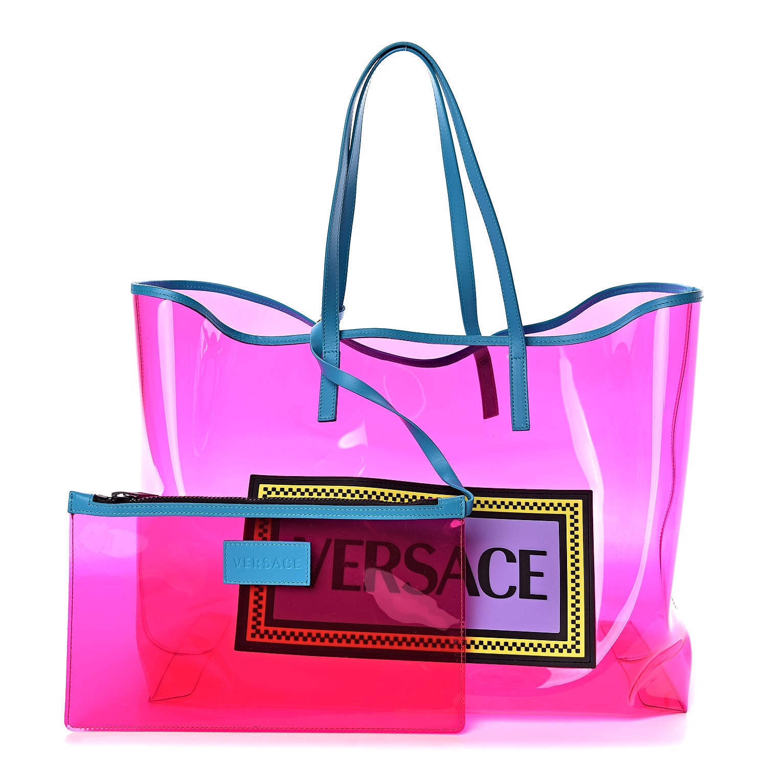 Versace Vinyl Calfskin 90s Logo Tote Pink Blue 1 of 9