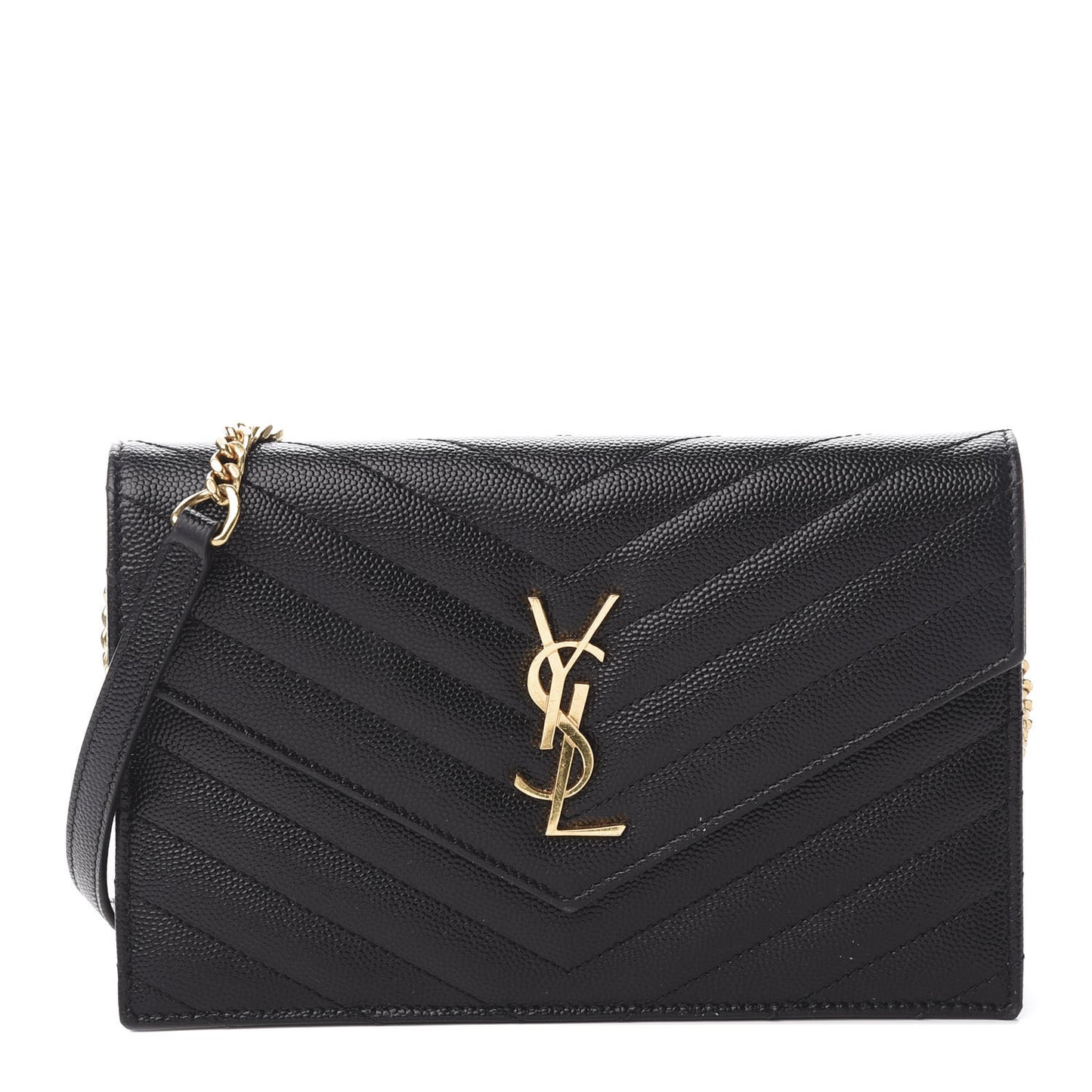 Grain De Poudre Matelasse Chevron Monogram Envelope Chain Wallet Black