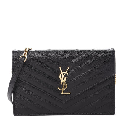 Saint Laurent Grain De Poudre Matelasse Chevron Monogram Envelope Chain Wallet Black 1 of 11