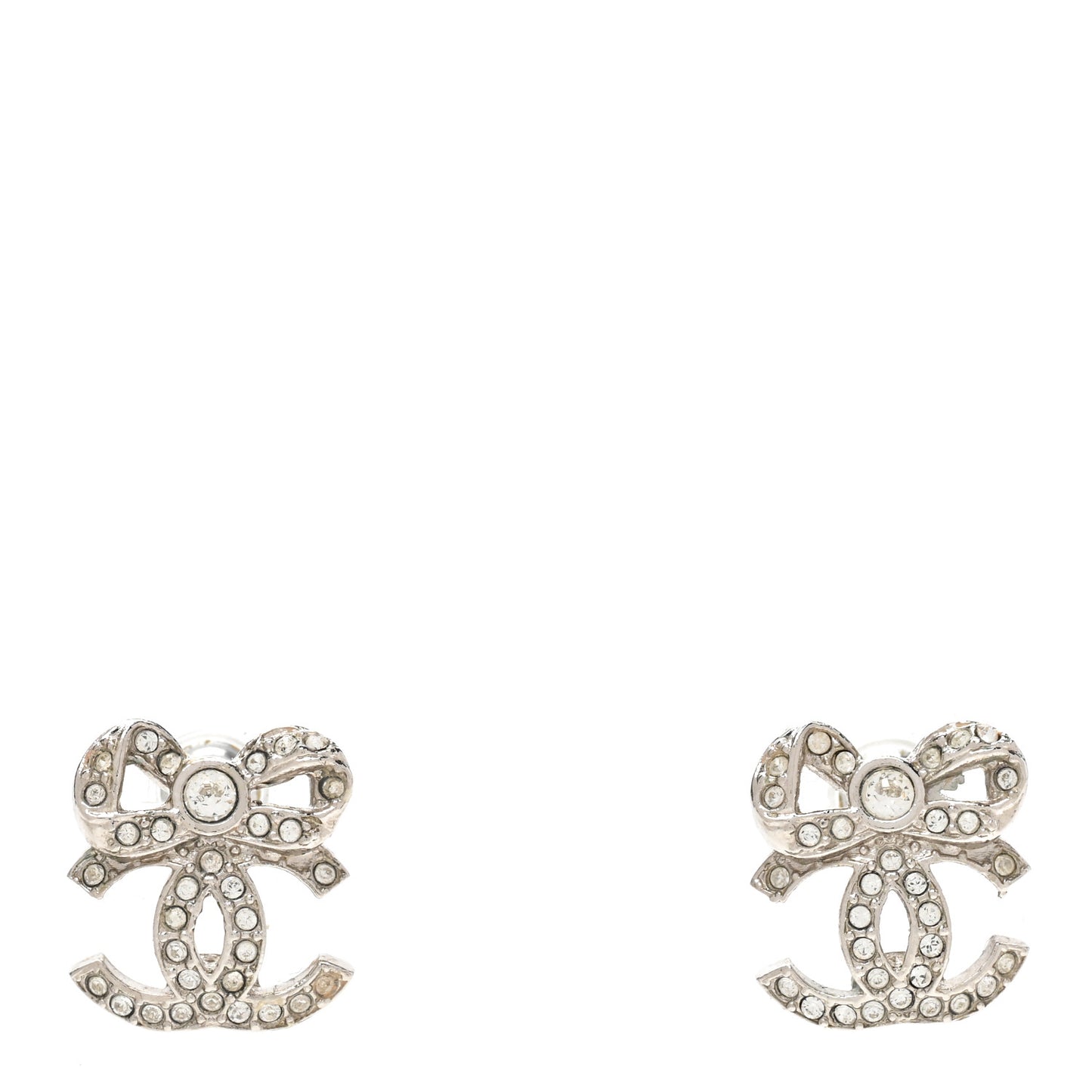 Crystal CC Bow Dangle Earrings Silver