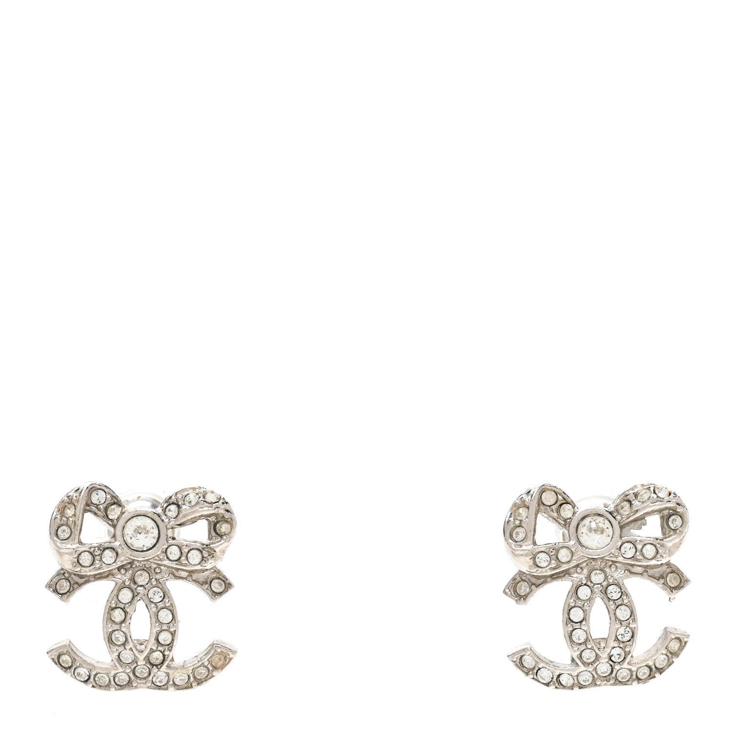 Chanel Crystal CC Bow Dangle Earrings Silver 1 of 5