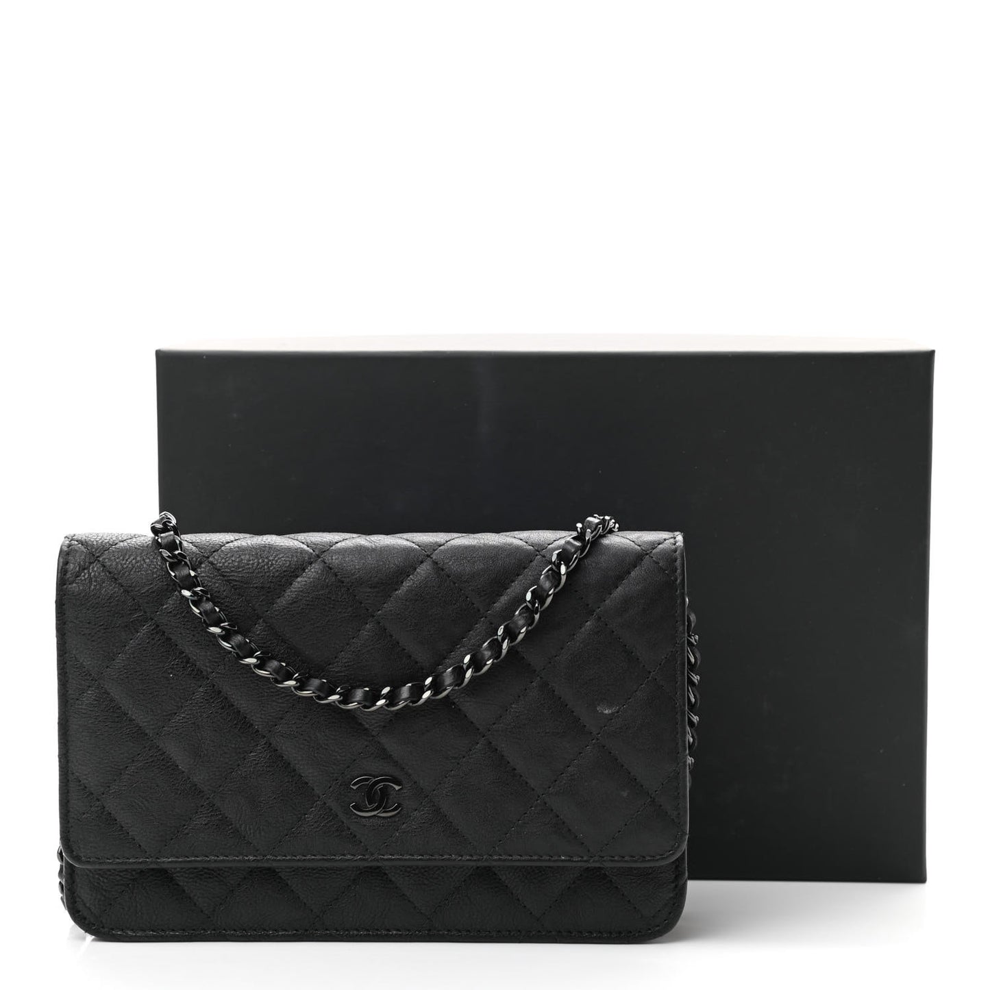 Crumpled Calfskin Quilted Wallet On Chain WOC So Black