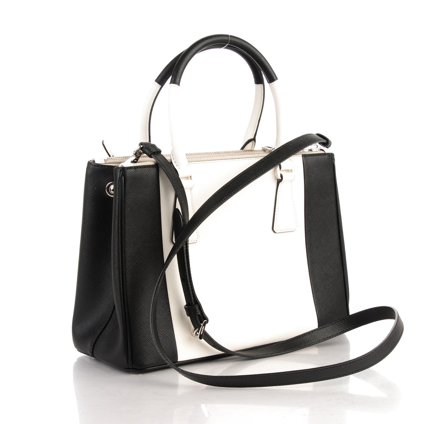Saffiano Lux Small Bi-Color Galleria Double Zip Tote Black White