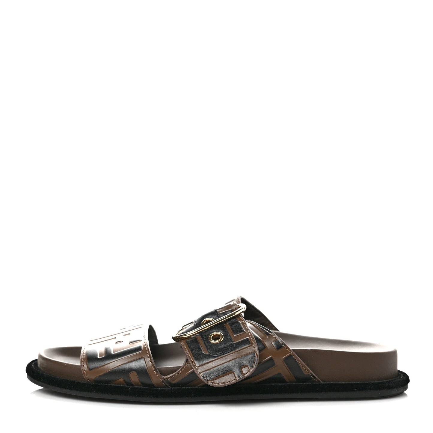 Calfskin FF Embossed Slide Sandals 35 Maya Black