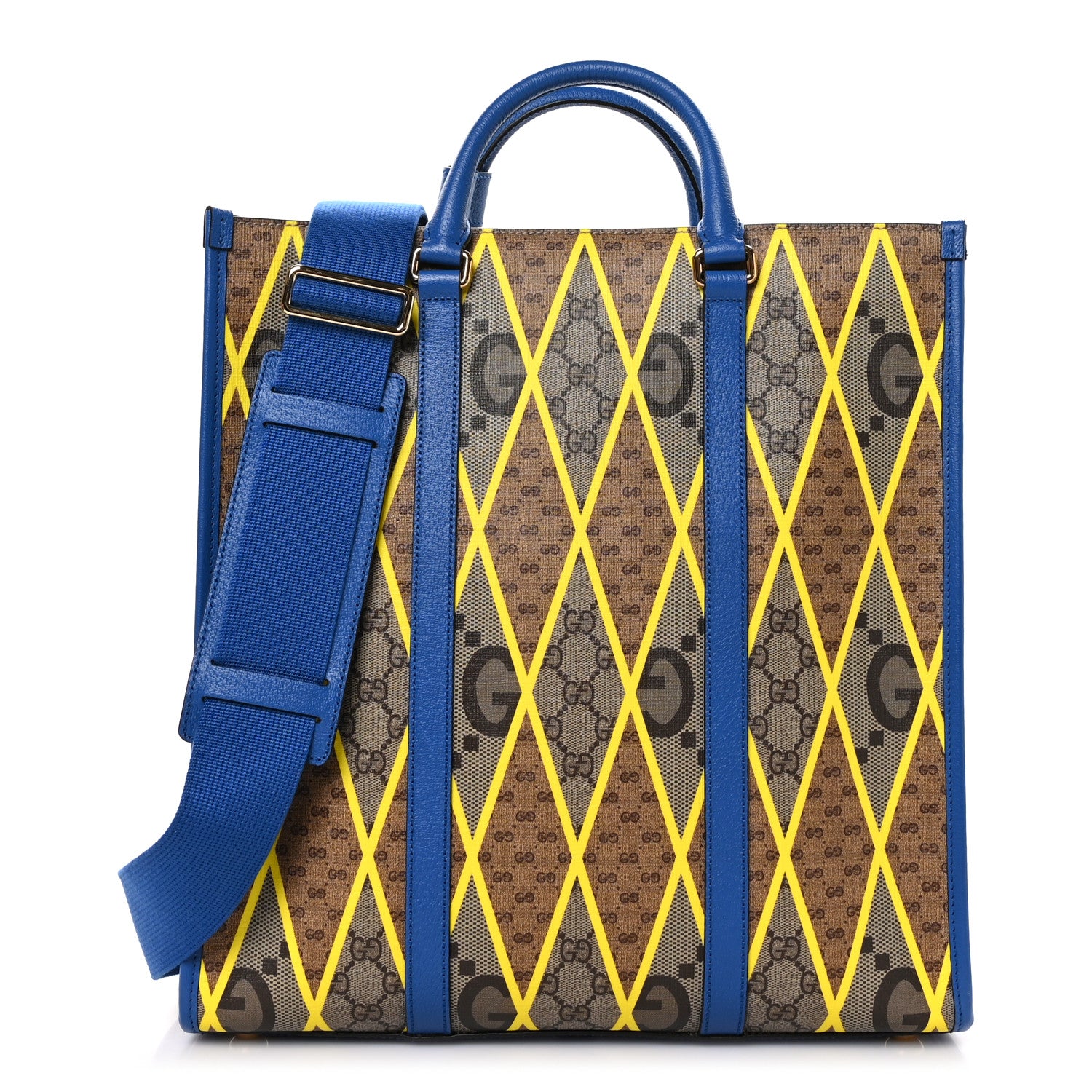 Gucci GG Supreme Monogram Mix Textured Dollar Calfskin Rhombus Inlay Large Tote Bag Beige Ebony Harvest Joy Blue 1 of 10
