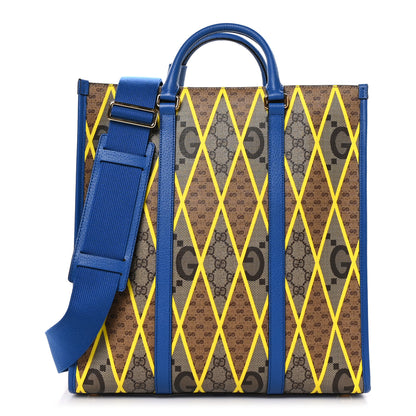 Gucci GG Supreme Monogram Mix Textured Dollar Calfskin Rhombus Inlay Large Tote Bag Beige Ebony Harvest Joy Blue 1 of 10