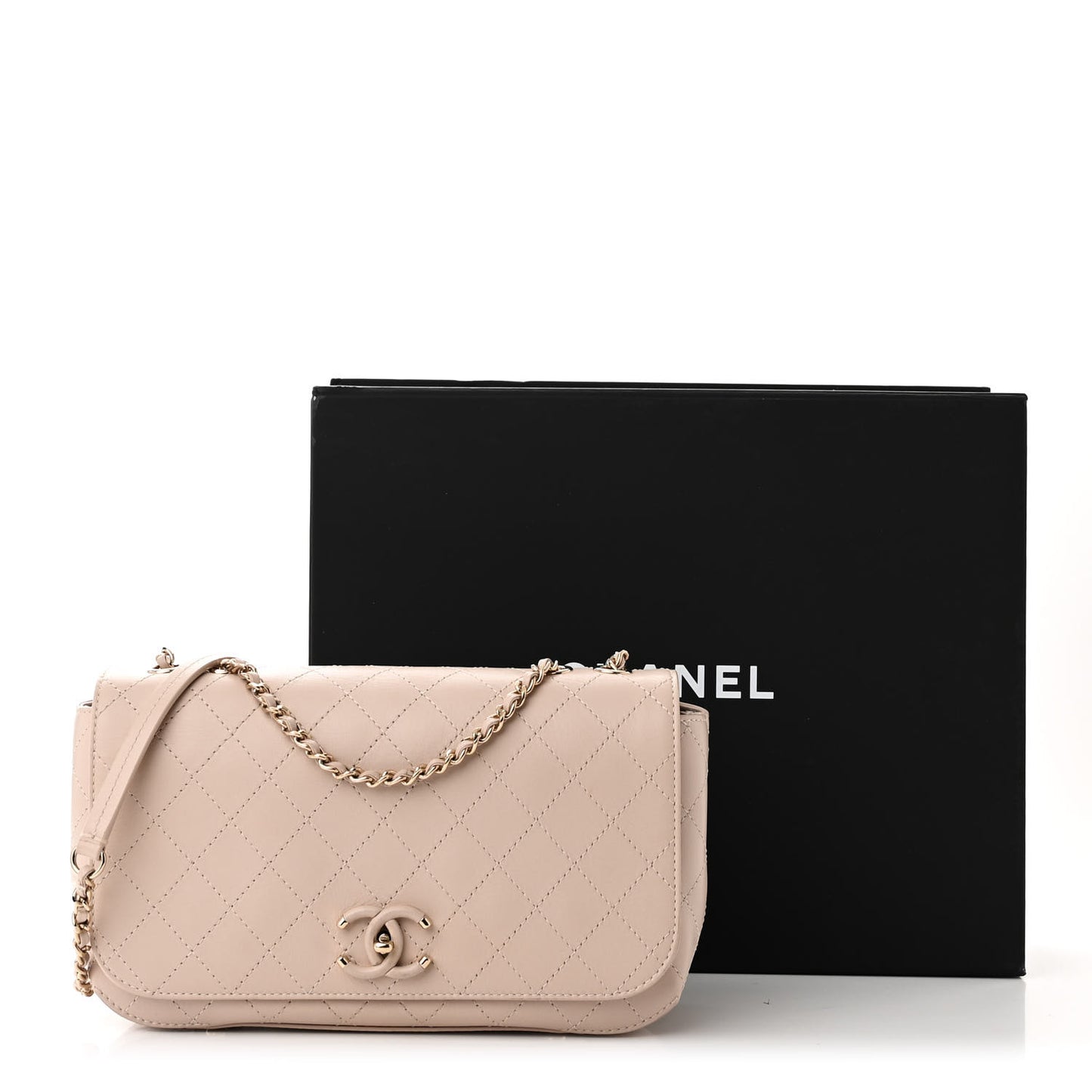Calfskin Stitched Medium Covered CC Flap Bag Beige