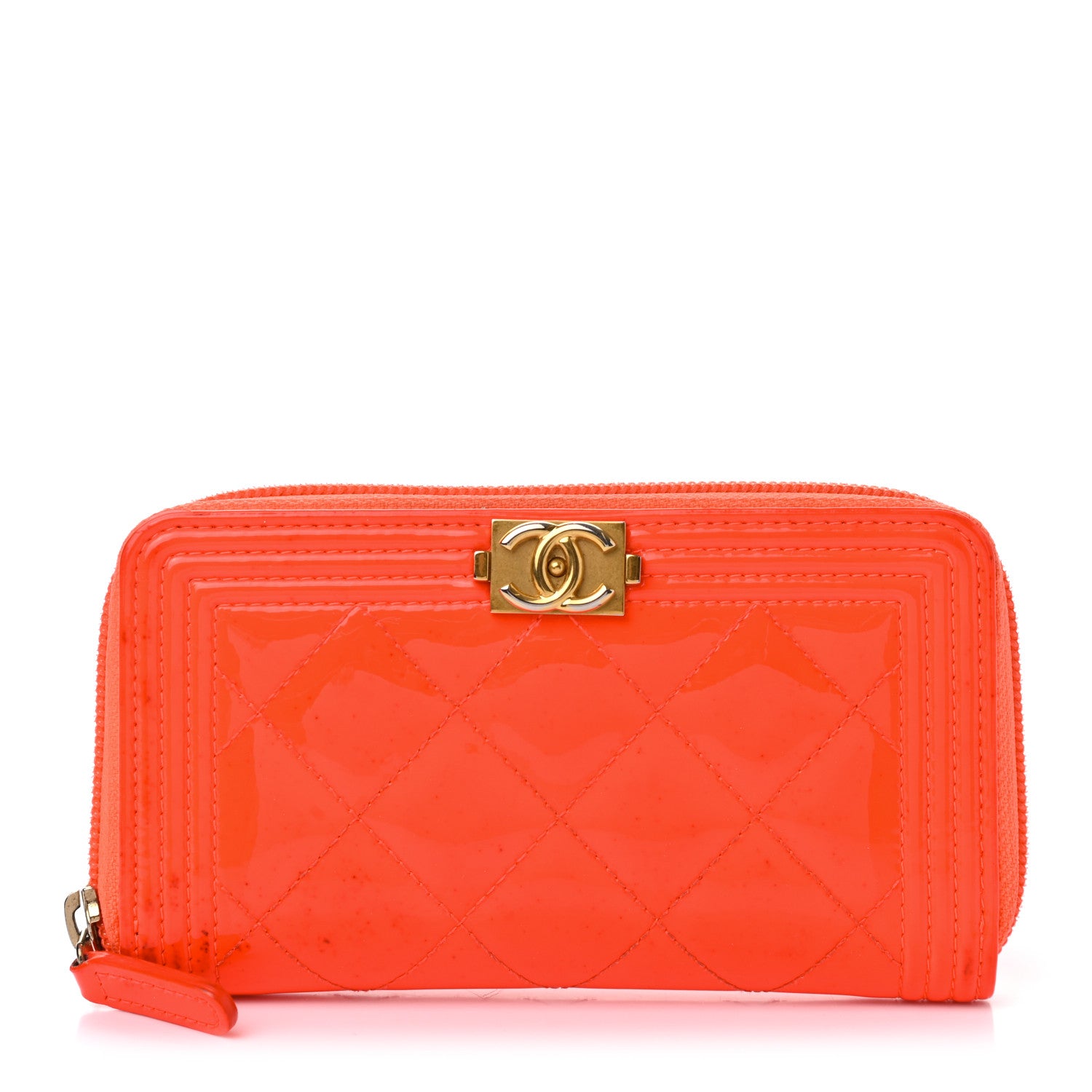 Chanel Patent Quilted Small Boy Zip Around Wallet Orange 1 of 13