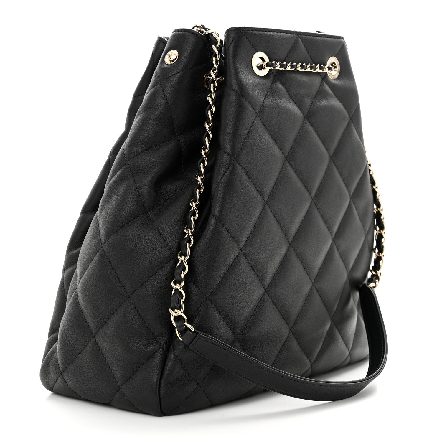 Chanel Lambskin Quilted Chain Drawstring Bag Black 3 of 10