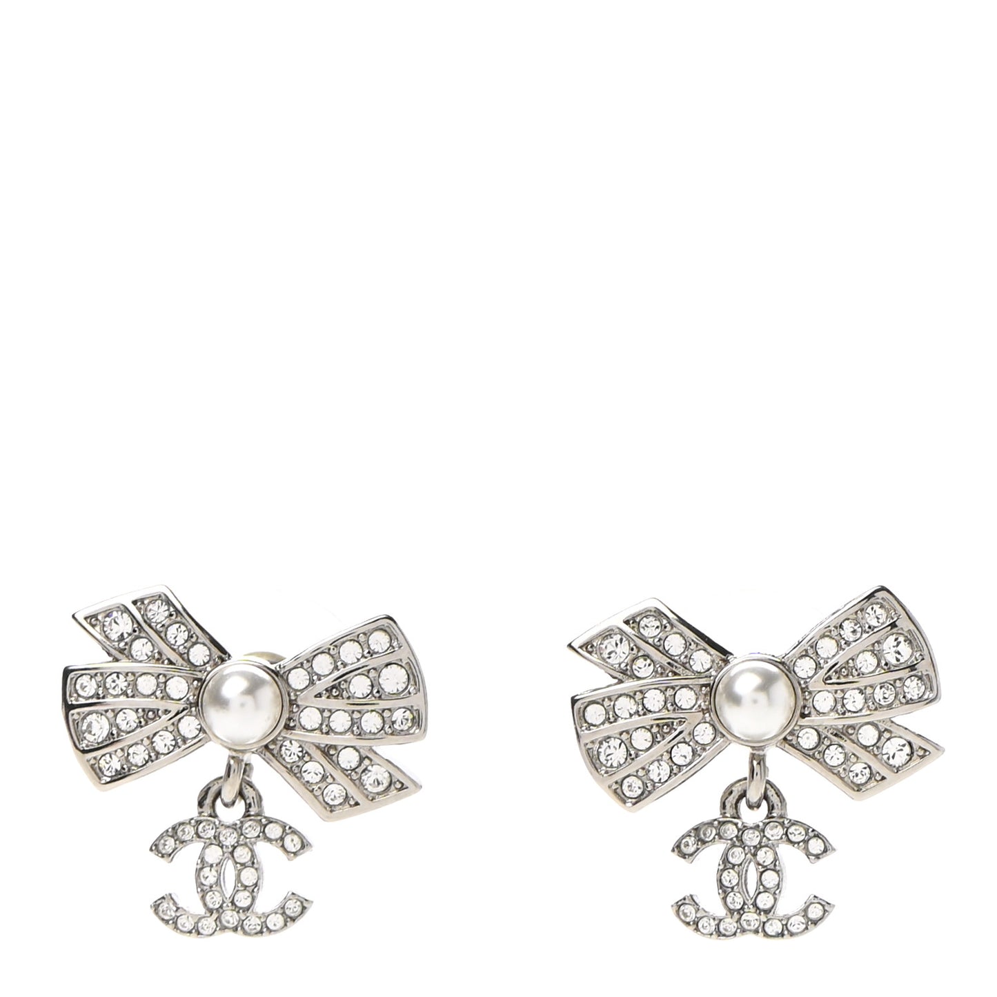 Crystal CC Bow Drop Earrings Silver