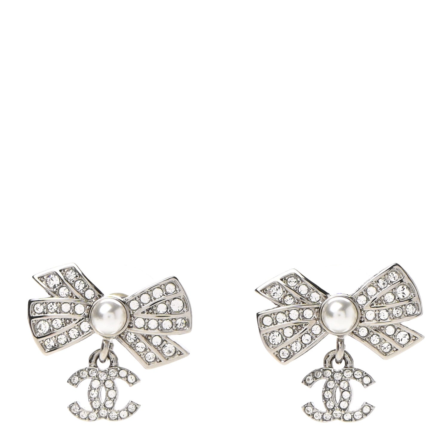 Chanel Crystal CC Bow Drop Earrings Silver 1 of 5