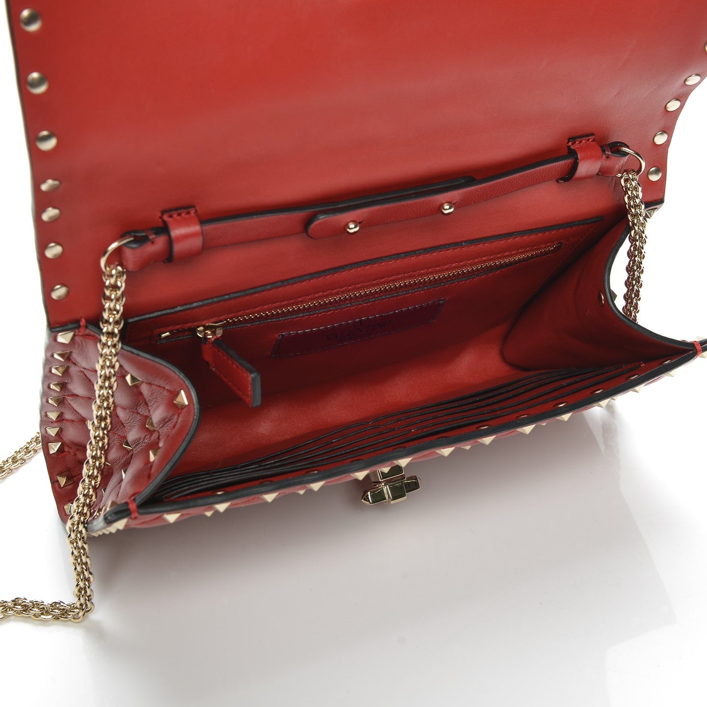 Lambskin Rockstud Spike Wallet on Chain Red