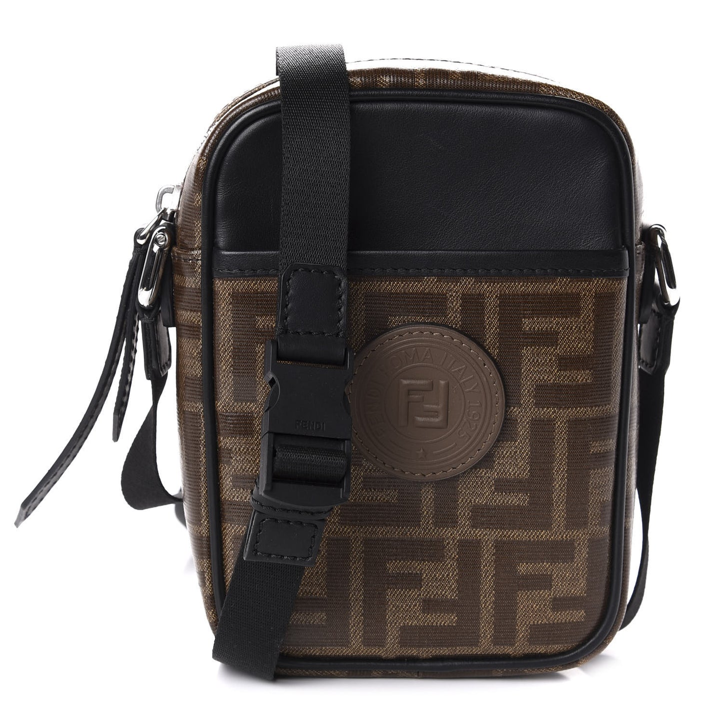 Glazed Fabric Vitello Century FF 1974 Stamp Patch Small Crossbody Messenger Mogano Panna Black