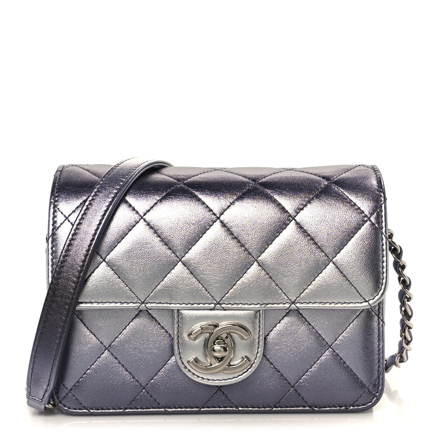 Metallic Lambskin Like A Wallet Flap Silvery Black
