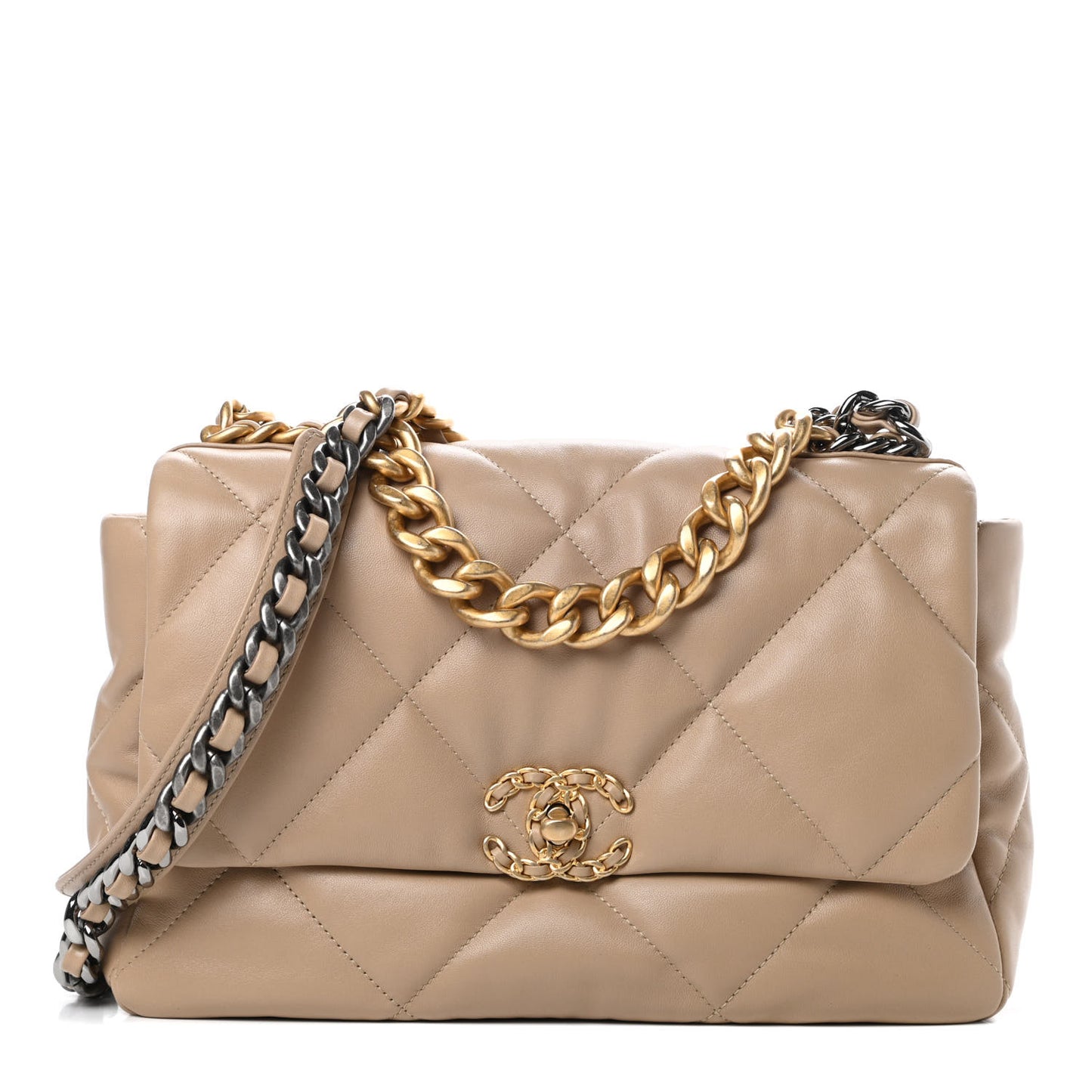 Lambskin Quilted Large Chanel 19 Flap Dark Beige