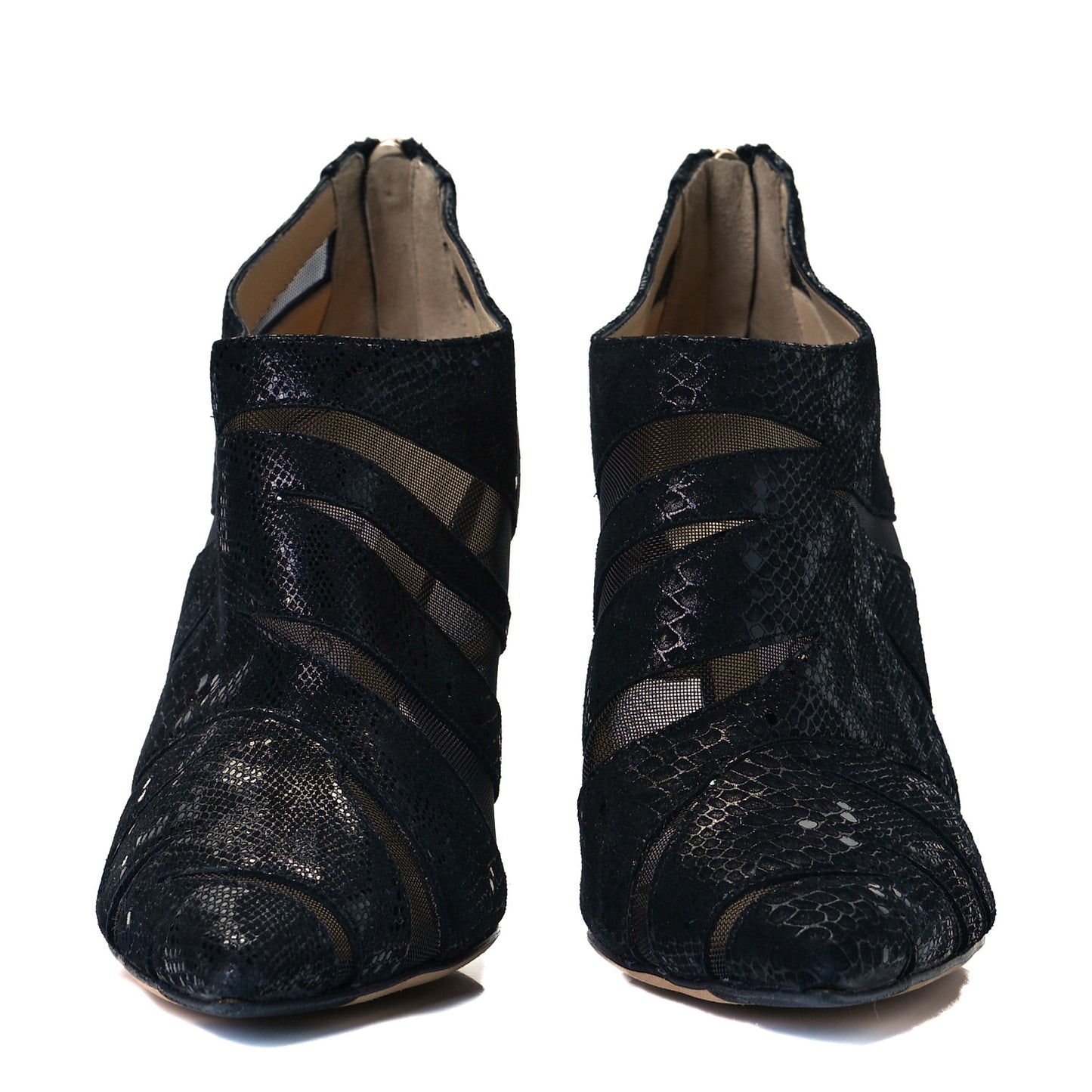 Glossed Snake-Effect Suede Mesh Wister Ankle Booties 38 Black
