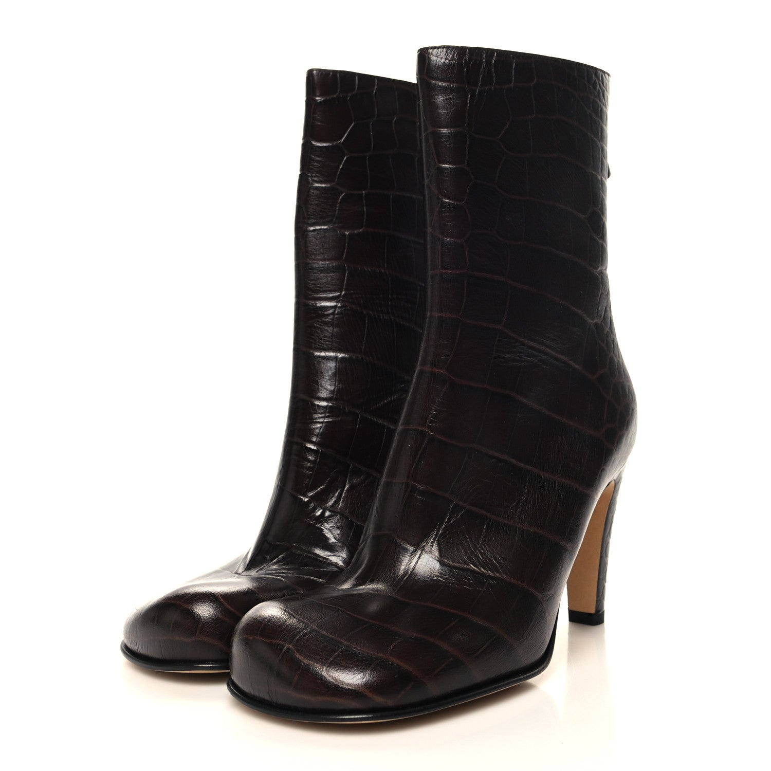 Bottega Veneta Calfskin Crocodile Embossed Bloc Ankle Boots 35 Brown 3 of 8