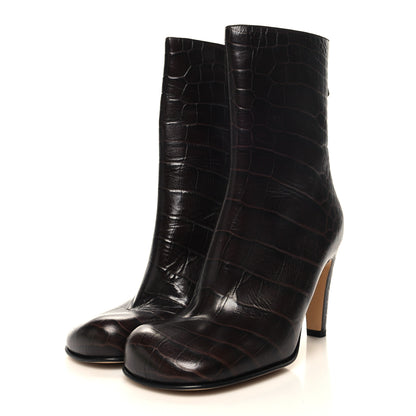 Bottega Veneta Calfskin Crocodile Embossed Bloc Ankle Boots 35 Brown 3 of 8
